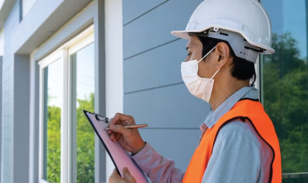 Home inspector performing a siding inspection while wearing a mask for safety.
