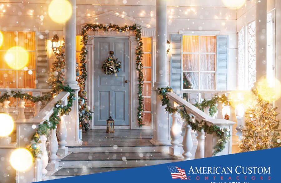 Picture of a front door with white Christmas lights and festive greens all twinkling to create a magical picture giving you the feeling of the season.