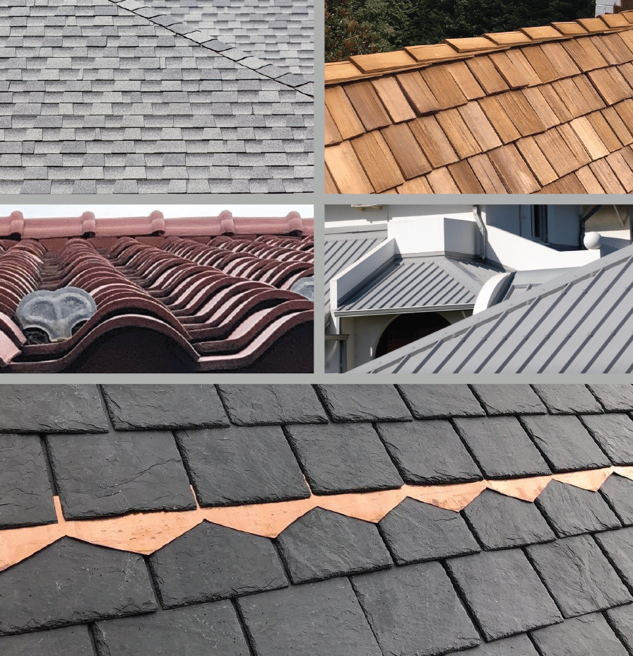 a collage of 6 different roofing materials in various colors. Wood cedar shake, gray standing seam mettle, gray asphalt roofing shingle, red clay tiles, and black natural slate.