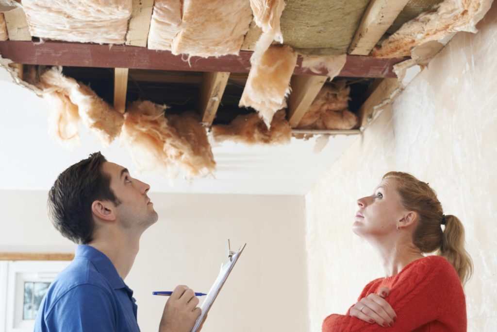 A homeowner and an inspector standing in a room where the ceiling is completely done with insulation sticking out.