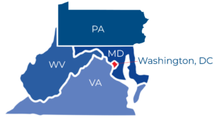 Graphic style map in various shades of blue that depict MD, VA, WV, PA, and Washington DC. This American Custom Contractors geographic service area.