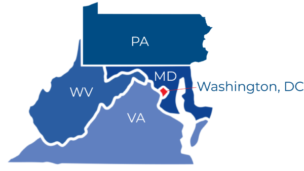 Graphic style map in various shades of blue that depict MD, VA, WV, PA, and Washington DC