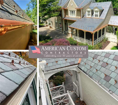 comparison picture of Copper gutters with a multi-color slate tile roof and white aluminum gutter with a multi-color natural slate roof.