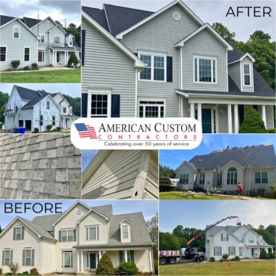 A home located in Hughesville MD. The photo cllage shows the process of removing and installing vinyl siding as well as a crain truck dropping asphalt shingle bundles on the roof for a new roof installation.