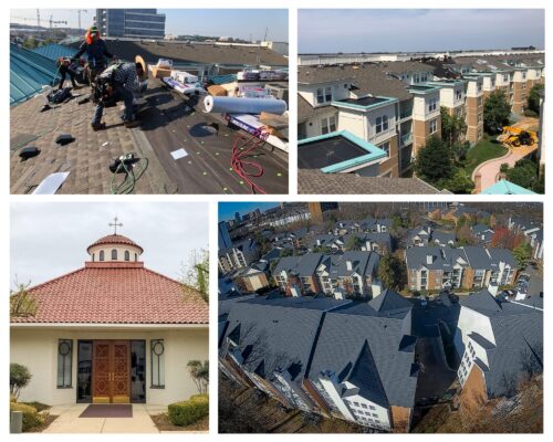A picture collage of 4 different commercial projects American Custom Contactors has done. Featuring Spanish tile on Maryland church and asphalt shingle on 3 differeant appartment complexes in Maryland, Virginia, & Washington DC