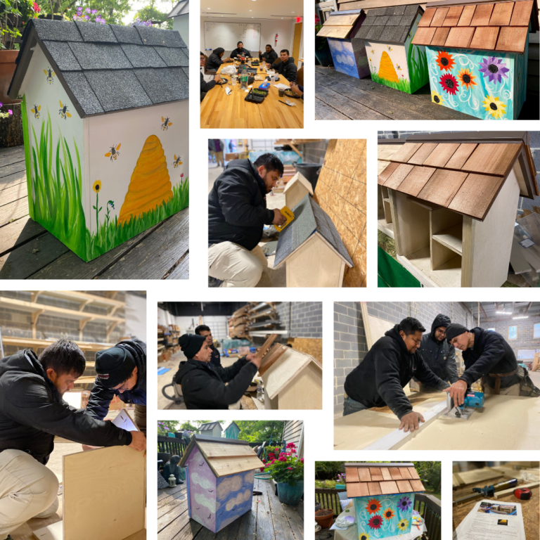Little Libraries Giving Back project. This is a photo collage of a construction team fabricating 4 little libraries for the community to share books.