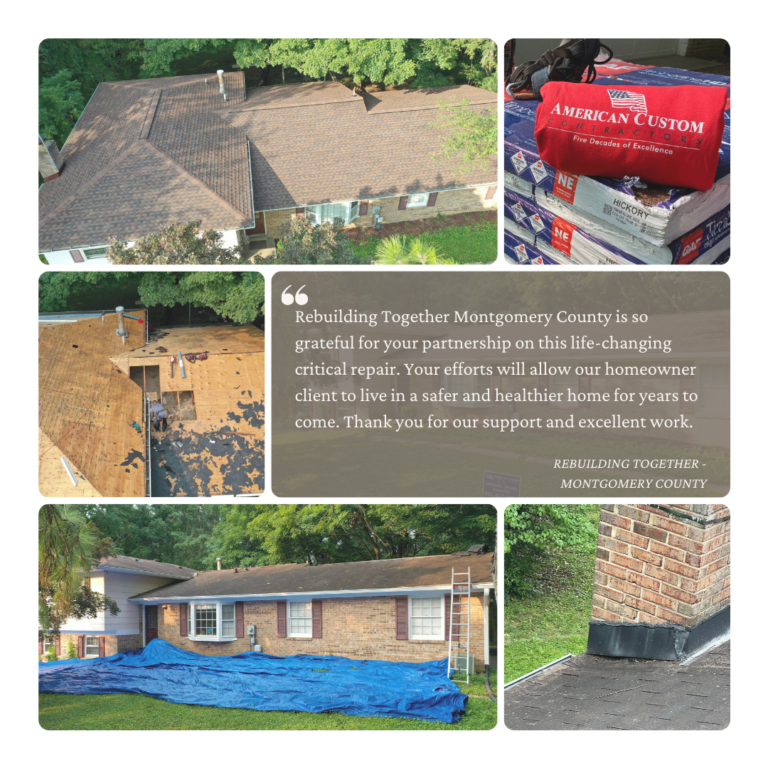 Photo collage of a roof tear of & install of a single story brick rambler in Gaithersburg, Maryland.