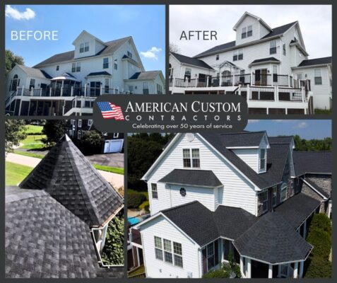 This phot collage show the before and after of a large home in Huntingtown MD that recieved a much needed replacing of the old faded gray shingles with fresh charcoal GAF shingles. The home is white and has 2 stories and includes a spire style roof over the round porch.