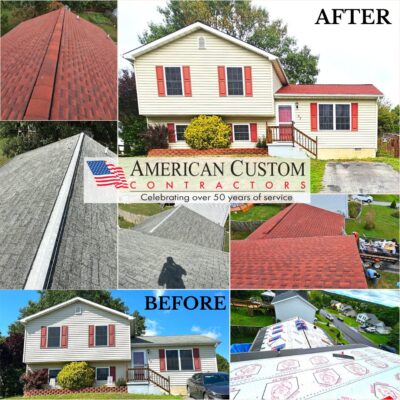 Revamped and Redefined! This photo collage of before and after shots of a Martinsburg, WV split-level home that just got a chic upgrade with GAF Patriot Red asphalt roof shingles replacing their old and weathered gray shingles. The home also features vinyl siding in a soft yellow color. It looks bold, beautiful, and brimming with personality on the sunny day picture set in a pastoral scene. Cheers to a fresh look and standout style!