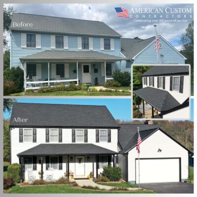This Hagerstown 2-story home's exterior got a major upgrade with a brand-new GAF roof, Charter Oak siding, and custom gutters. The photo collage show before and after pictures of the old siding in a faded blue color and the roof shingles a faded gray. The homeowner chose to go with a timeless color scheme of classic charcoal for the roof, gray for the shutters, and black for the new gutter system, and they couldn't be happier with how it turned out. The sleek and sophisticated combination adds a touch of elegance to the home. Amazed by this transformation!