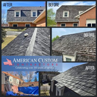 Photo collage showing a brick home's progress through a replacement roof process. The original natural cedar shake is shown as curling, cracked and falling off in places. The homeowner chose to replace it with a recycled composite tile from BRAVA in the color Canyon Gray. Once installed it looks exactly like the natural cedar.