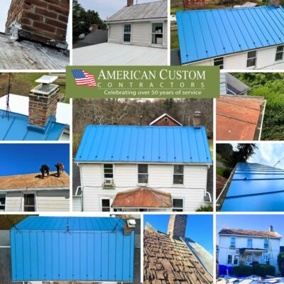 This 1920 farmhouse in New Windsor, Maryland has undergone a remarkable transformation. The photo collage shows how the old layers of roofing material have been carefully removed, making way for a brand new standing seam metal roof in a bright blue. The result is a fresh and updated look for this historic property. The metal roof not only enhances the farmhouse's aesthetic appeal but also provides improved protection against the elements. It's amazing how a simple change like this can completely revitalize a home. The phots were taken on a somewhat gray day so the blue color of the roof and the green grass really pops in the photos.