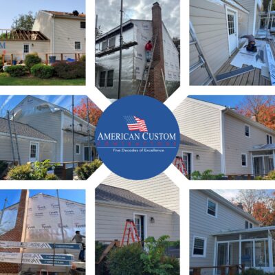Photo collage showing the process of replacing the siding and insulation underlayment on a home. The photos was taken on a bright sunny day the home is clad in a soft cream color vinyl siding.