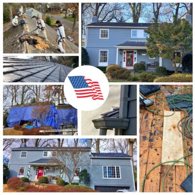 Photo collage of a home in Bethesda MD that needed asbestos remediation prior to installing natural slate roof tiles. This photo collage shows a blue-colored home with 3 individuals wearing protective suits and masks removing the old asbestos tiles down to the bare wood roof deck. Other images include close-ups of the black gutter system installed the protective tarping that is used to protect the landscaping and finally the finished product with the new slate roof.