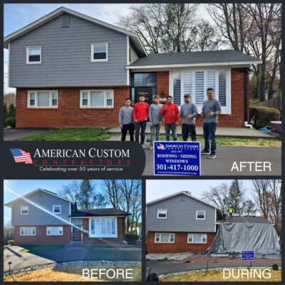 This Bethesda MD brick and gray vinyl siding ed home has a new GAF pewter gray asphalt. This picture showes before and after shots of the home along with the installation crew dressed in red and gray American Custom Contractor shirts giving a thumbs up in front the the completed home.