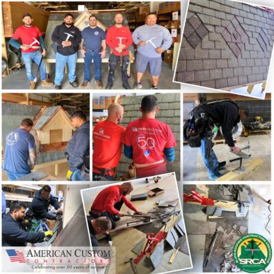 Photo collage of several contactors during a training session learning how to install natural slate tiles on a roof. They are using traditional tools like slate hammers and hand cutters to shape and install the tiles. 