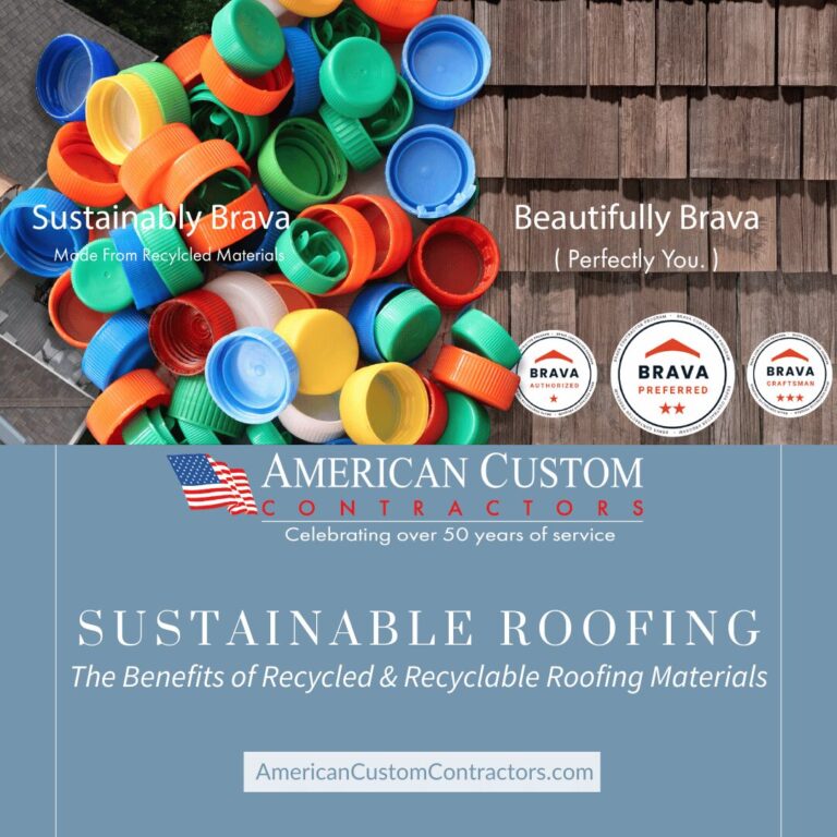 Image depicting bottle cap tops laying on top of Brava synthetic cedar roofing tile. The text says sustainability Brava made from recycled materials, beautifully Brava perfectly you, Sustainable Roofing the benefits of recycled & recyclable roofing materials. It also contains the American Custom Contractors logo and website. Image used for a sustainable roofing blog post.