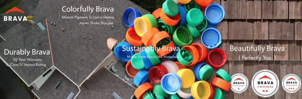 image of Brava synthetic cedar shake roof tile system in the color aspen which is various brown. The text reads. Durability 50-year warranty Class IV impact rating. Colorfully Brava mineral pigments to last a lifetime. Sustainable Brava is made from recycled materials. Beautifully Brava perfectly you!