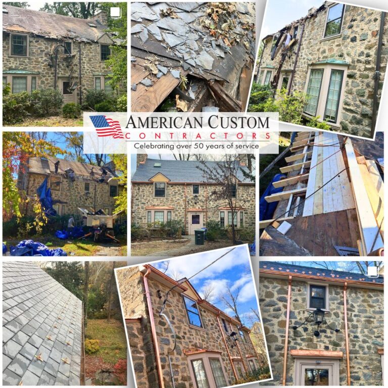 This picture shows a photo collage of before and after exterior construction work on a historic stone home in Washington DC circa 1927. It was hit by a tree crushing its original slate tiles, and completely knocking off a dormer, and the original copper gutters leaving them dangling and dangerous. New structural remediation supports new natural slate tiles in the unfading back, a gleaming custom copper gutter system, and copper snow guards now highlight this home's historic features. This homeowner made an insurance claim and was able to get the project covered.