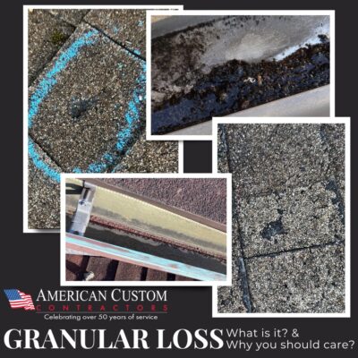 A 4-picture collage of various granular loss examples. 2 images are asphalt shingles where there is a bare spot indicated. This loss was caused by hail. The other 2 images are of granule accumulation in the gutters, which can lead to clogging causing water drainage issues.