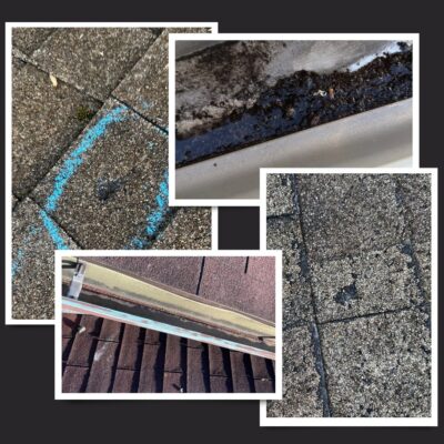 A 4-picture collage of various granular loss examples. 2 images are asphalt shingles where there is a bare spot indicated. This loss was caused by hail. The other 2 images are of granule accumulation in the gutters, which can lead to clogging causing water drainage issues. 