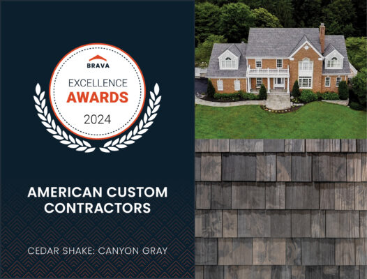 Image with a drone shot of a home with a Brava tile roof. Text states theat American Custom Contractors was the recipient of the 2024 Excellence award for the instillation of this roof.