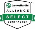 This James Hardie white and green logo is a shield shape with white background withe the text James Hardie Alliance Contractor in black lettering. There is also a green banner ribbon across the middle with the text SELET. The logo is used on American Custom Contractors website because they are a James Hardie Alliance Select Contractors which is part of their preferred installer program.