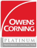 Owens Corning Platinum Preferred Roofing Contractors log. It features a red square with the text Owned Corning in white.