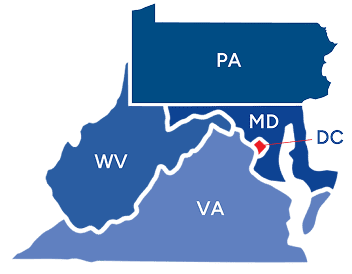 Graphic style map in various shades of blue that depict MD, VA, WV, PA, and Washington DC. This American Custom Contractors geographic service areas. Thank you for your interest.