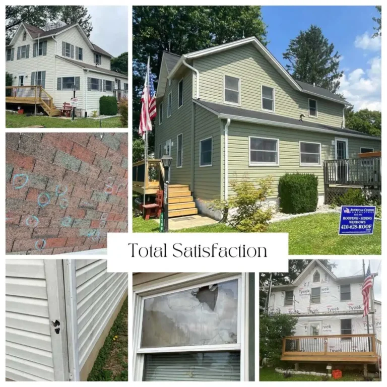 The image is a collage featuring a house before and after significant exterior restoration. The top left and bottom right sections show the house with old, worn siding, cracked windows, and visible damage. The center and top right sections display the house after repair, with new roof shingles, new clean siding, fresh windows, and a well-maintained appearance. The surrounding close-up shots highlight broken windows, damaged brick, and siding issues, which have been restored. The text at the center reads "Total Satisfaction," suggesting storm damage restoration services were performed to achieve this transformation.