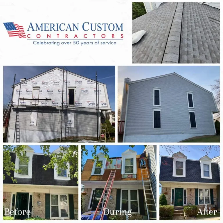 Photo collage showing the before and after of a roof installation on a small end unit townhome in Germantown MD and a siding replacement.