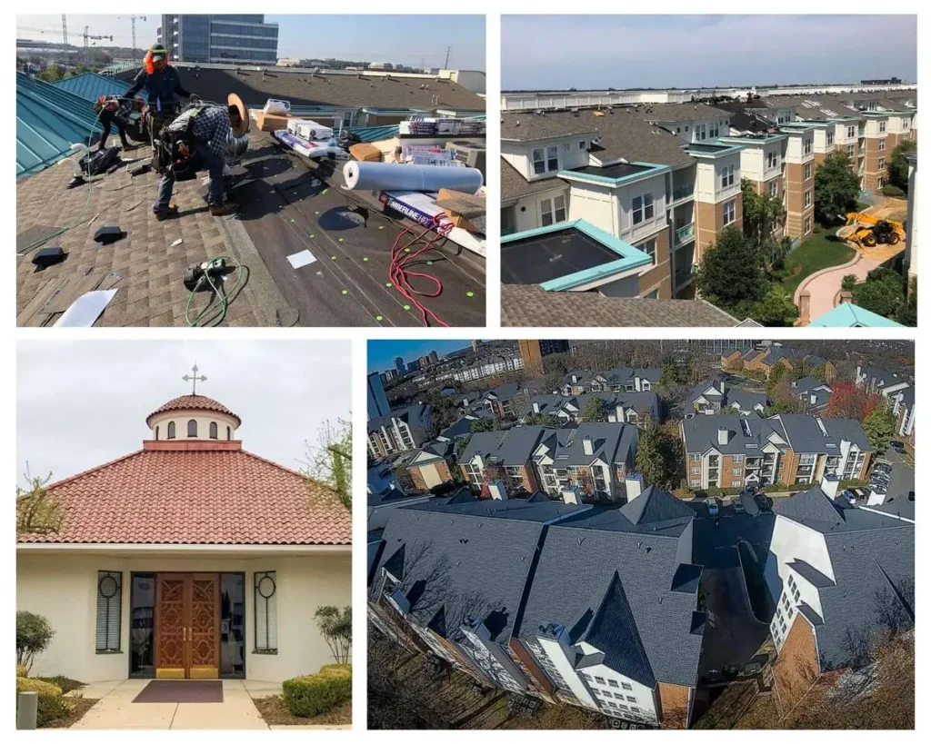 A picture collage of 4 different commercial projects American Custom Contactors has done. Featuring Spanish tile on Maryland church and asphalt shingle on 3 different apartment complexes in Maryland, Virginia, & Washington DC. Three of the photos were taken with a drone. All the pictures were taken on a day with sunny skies. This collage showcases our commercial roofing expertise. Some of these projects were insurance claims, and others were retail.