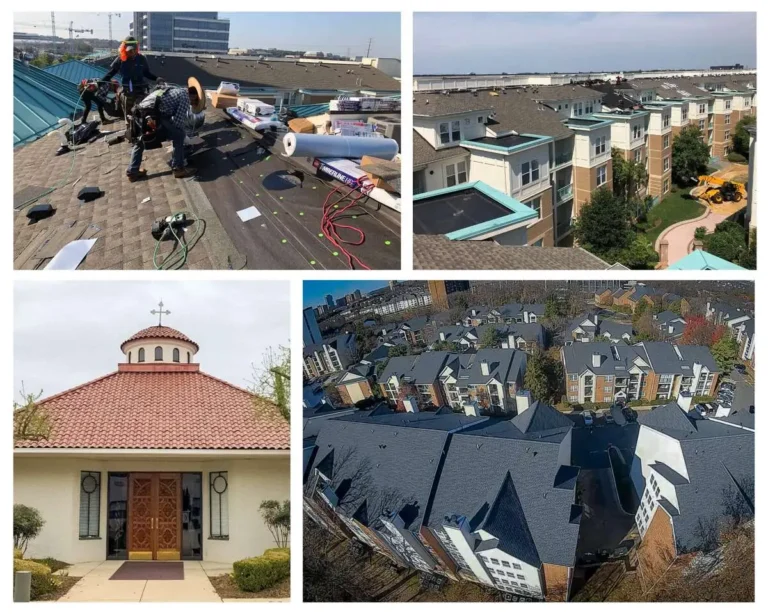 A picture collage of 4 different commercial projects American Custom Contactors has done. Featuring Spanish tile on Maryland church and asphalt shingle on 3 different apartment complexes in Maryland, Virginia, & Washington DC. Three of the photos were taken with a drone. All the pictures were taken on a day with sunny skies. This collage showcases our commercial roofing expertise. Some of these projects were insurance claims, and others were retail.
