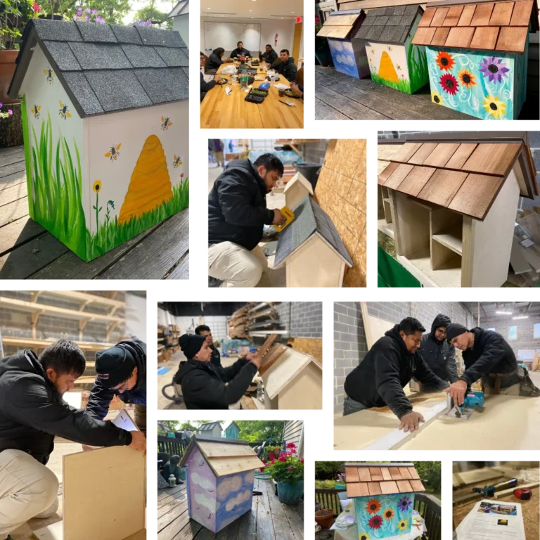 Little Libraries Giving Back project. This is a photo collage of a construction team fabricating 4 little libraries for the community to share books.