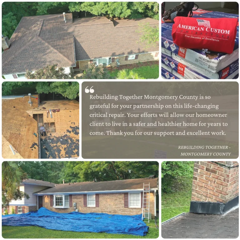 Photo collage of a roof tear of & install of a single story brick rambler in Gaithersburg, Maryland.