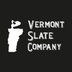 This square black logo says in white all caps lettering Vermont Slate Company and has a white silhouette graphic of Vermont to the left of the text.