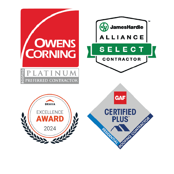 A grouping of 4 logos. Top left: Owens Corning Platinum preferred roofing contractor red square with white lettering. Top right: James Hardie Preferred Select Contractors siding logo. In the shape of a white shield with a green banner ribbon across the middle. The text is in black and white. Bottom left: This is a round white logo with the words BRAVA Excellence Award 2024 in black & orange lettering. Bottom right: gray diamond shaped logo with the text GAF in a red box on the top. Under this is says Certified Plug roofing contractor in blue text.