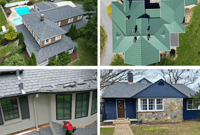 American Custom Contractors roofing, siding, windows, and gutter replacement and repair project are highlighted in the collage of 4 images. First image is of a slate replacement, another for a new Owens Corning asphalt roof shingle replacement, another of James Hardie siding replacement, and the last is a standing seam metal roof replacement project. Several of these project had custom aluminum gutters installed All 4 are photos from the outside of residential homes. Two are bird's eye view.