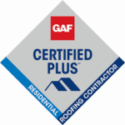 This is a GAF logo that is in a gray dimond shape with the text GAF Certified Plus residential roofing contractor. American Custom Contractors hold the GAF ceritified Plus certificate so they are allowed to display this on the brands they work with carousel.