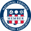 Round logo in red, white and blue with the text National Roofing Contractors Association Members. American Custom Contractors is a members of the NRCA so they are allowed to display this logo on their website.