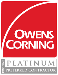 Owens Corning Platinum Preferred Roofing Contractors log. It features a red square with the text Owned Corning in white.