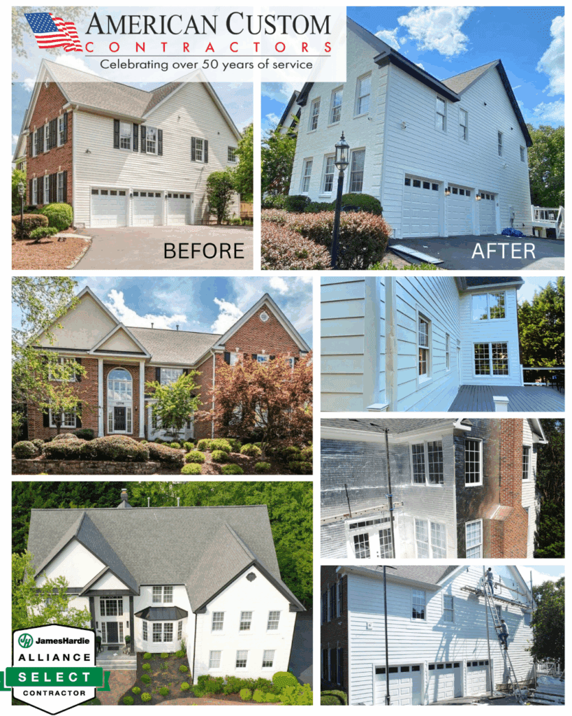 This collage of photos shows the before and after of a home in Gaithersburg, Maryland that recieved a complete external makeover. American Custom Contractors is an approved James Hardie "Select Contractor" making them a preferred siding installer in Gaithersburg, Maryland. These photos show a 2 story red brick house transformed. Now the brick is painted white, the old warped vinyl siding is switch out for durable James Hardie cedar plank composite also in white. The contrast of the new black asphalt shingles and the custom fabricated black gutter system makes this home stand out in the neighborhood as a top of the line residential home transformation.