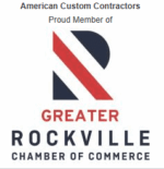 This logo badge in red and navy blue text reads "American Custom Contractors Proud Member of", across the top then a large graphic "R" in Navy and Red. Followed by the text "Greater Rockville Chamber of Commerce." This membership badge is granted to local businesses when they apply and meet all the membership requirements for Rockville Maryland.