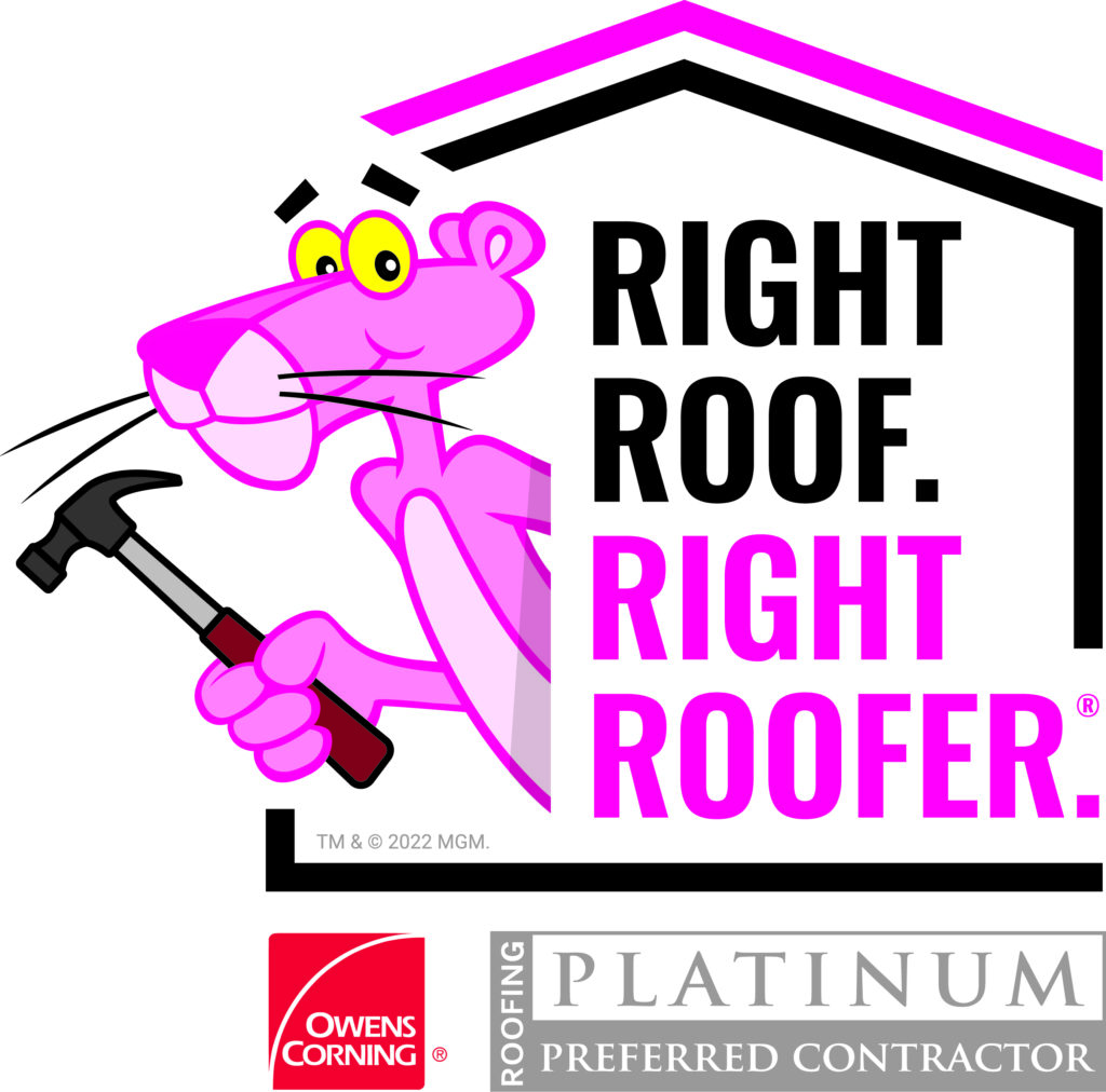 This is a logo for an Owen Corning contractor program. The text and an image of the pink panther holding a hammer are incased in a outline of a house. Under this is the original Owens Corning red & white box logo and next to that is the silver box logo that reads Platinum Preferred Contractor Roofing.