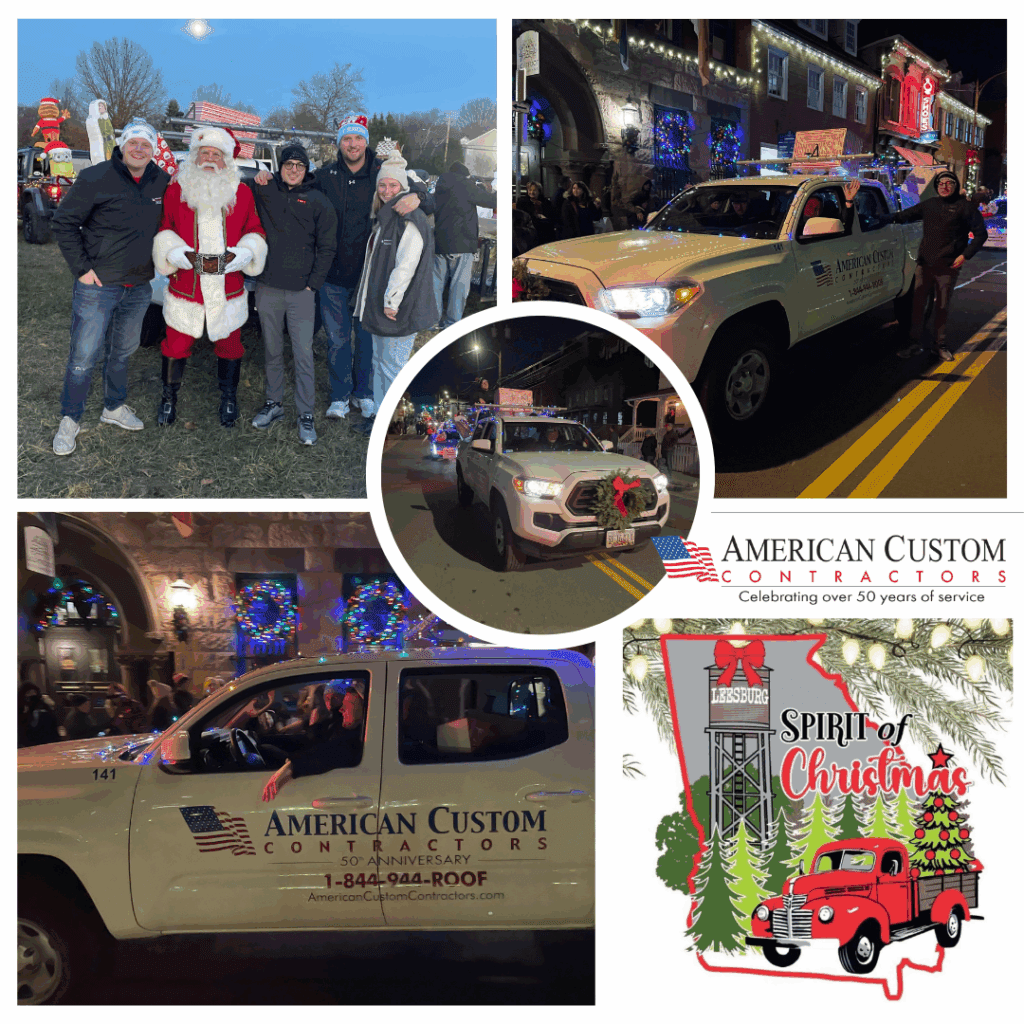 This photo collage includes 4 pictures and a graphic image. 3 of the photos are of a white American Custom Contractor truck decorated with a wreath, wrapped presents, and lights. The final picture is of the a group of people wearing American Custom Contractors jackets and a Santa in the middle. The final graphic is of the invitation to the "Spirit of Christmas" Leesburg, VA. There is a graphic of a red 1960's vintage truck loaded up with a decorated Christmas tree in the back. And the Leesburg water tank in the background with a bow. This represents Community Engagement with the company and the local community they serve.