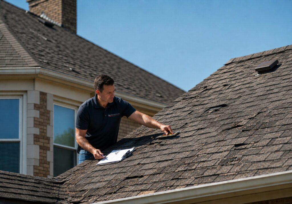 Roof inspector examining damaged asphalt shingles on a residential roof during a hands-on inspection. Avoid storm chaser, do inspection with American Custom Contractors.
