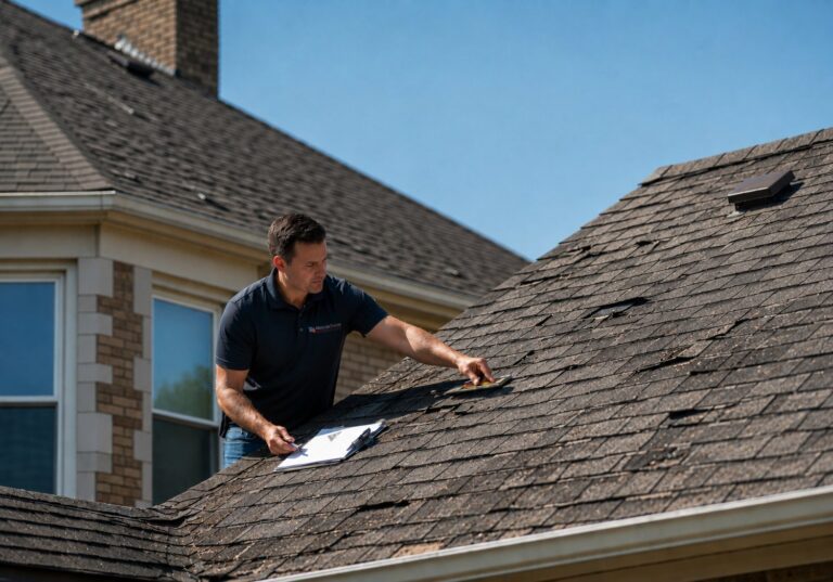 Roof inspector examining damaged asphalt shingles on a residential roof during a hands-on inspection